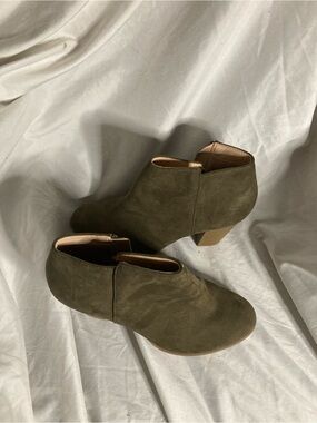 Women's Olive Suede Ankle Booties with Low Stacked Heel